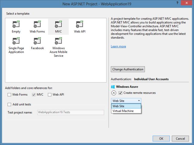 New One ASP.NET Wizard with Windows Azure